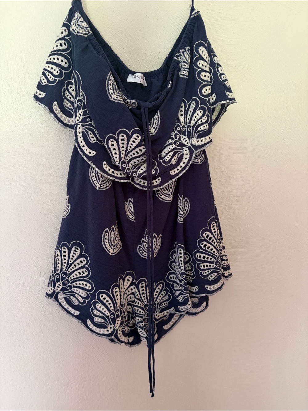 Vestique Navy Embroidered Off-Shoulder Romper